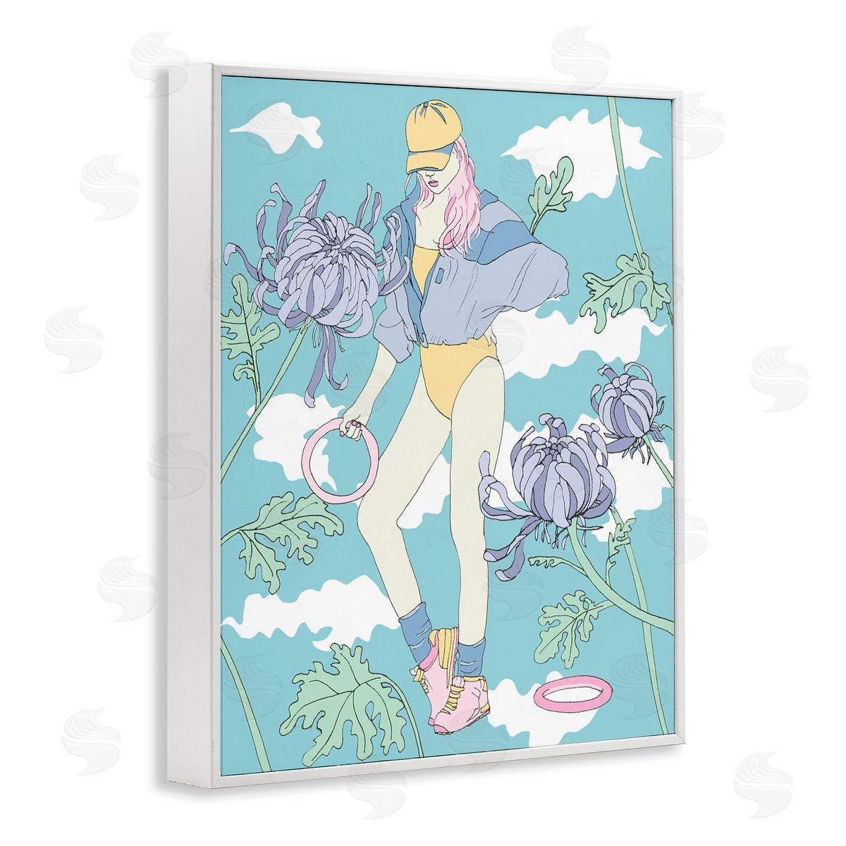 Exercise Girl with Clouds White Frame Print Wall Art, Home Decor by Melissa Wang