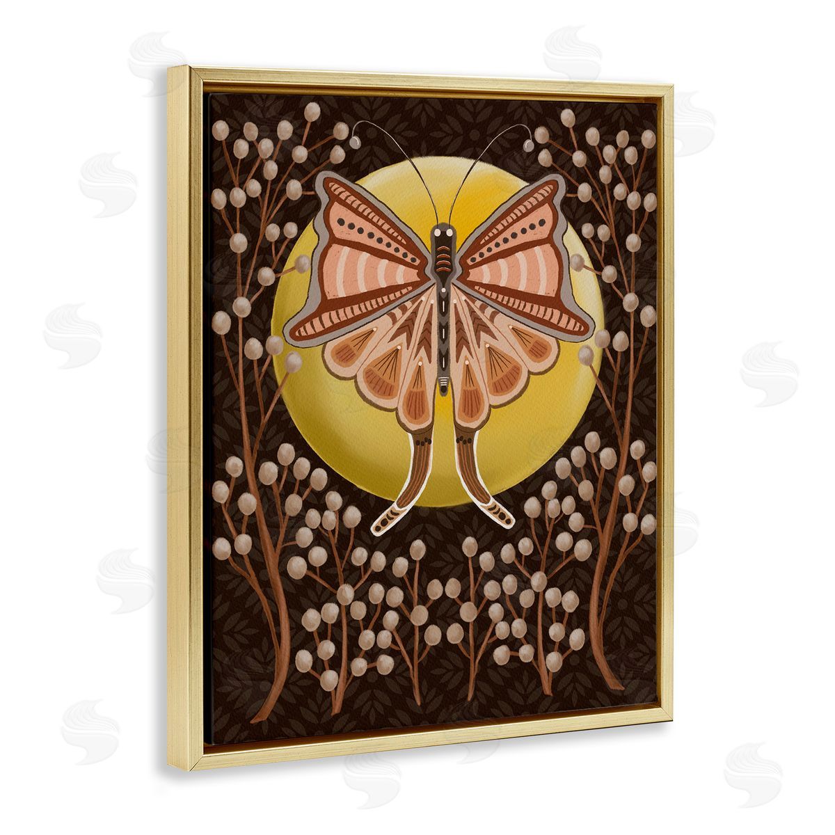 Moth with Pussy Willows Gold Floating Frame Canvas Wall Art, Home Decor by Regina Moore