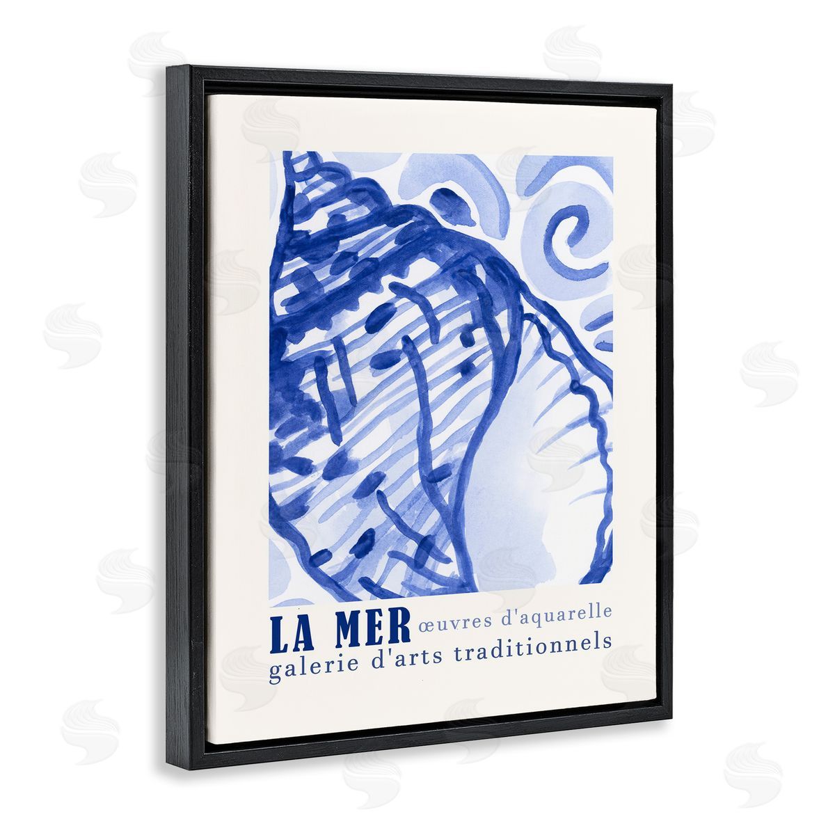 Blue Seashell Gallery Show Black Floating Frame Canvas Wall Art, Home Decor by June Erica Vess