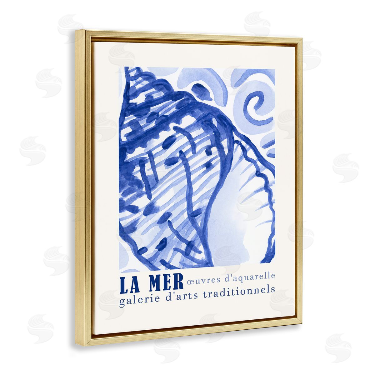 Blue Seashell Gallery Show Gold Floating Frame Canvas Wall Art, Home Decor by June Erica Vess