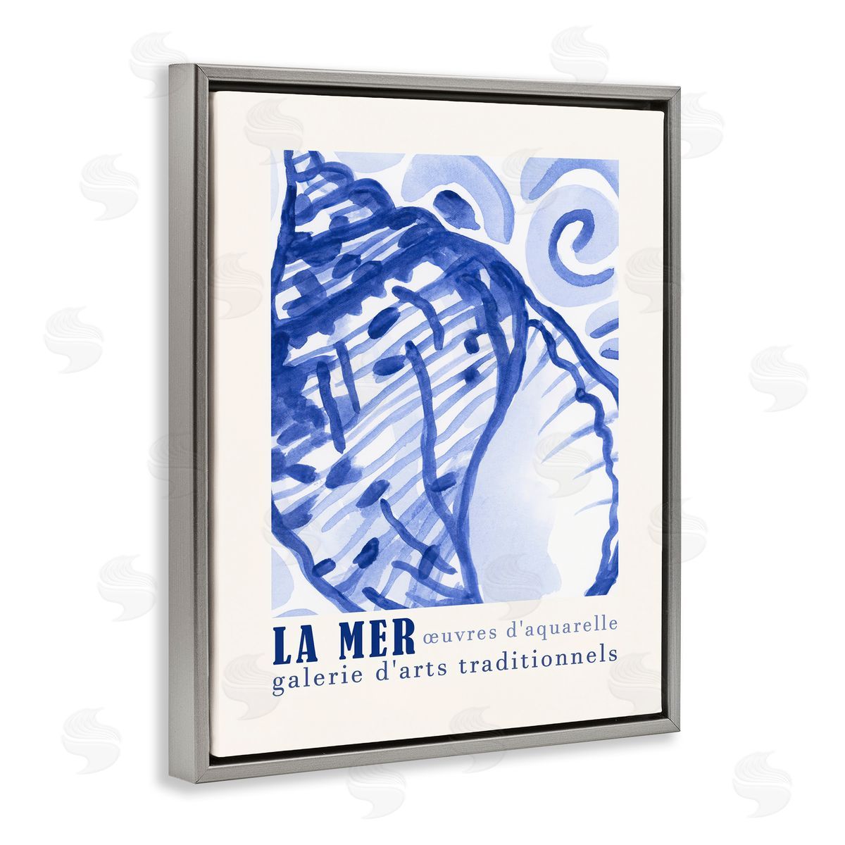 Blue Seashell Gallery Show Grey Floating Frame Canvas Wall Art, Home Decor by June Erica Vess