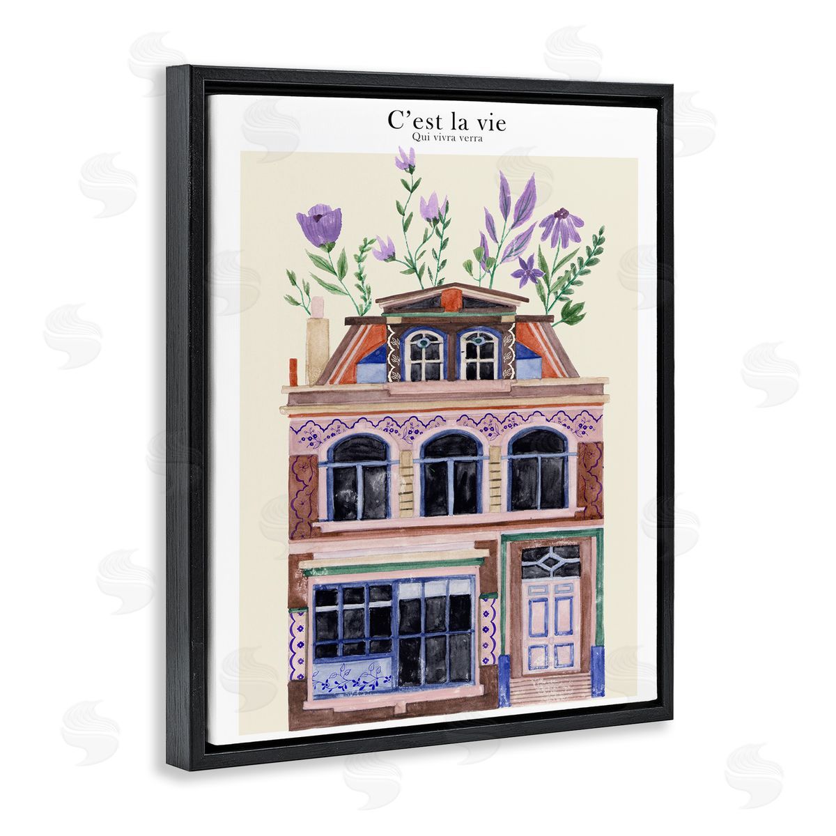 Town Architecture with Blooms Black Floating Frame Canvas Wall Art, Home Decor by Melissa Wang