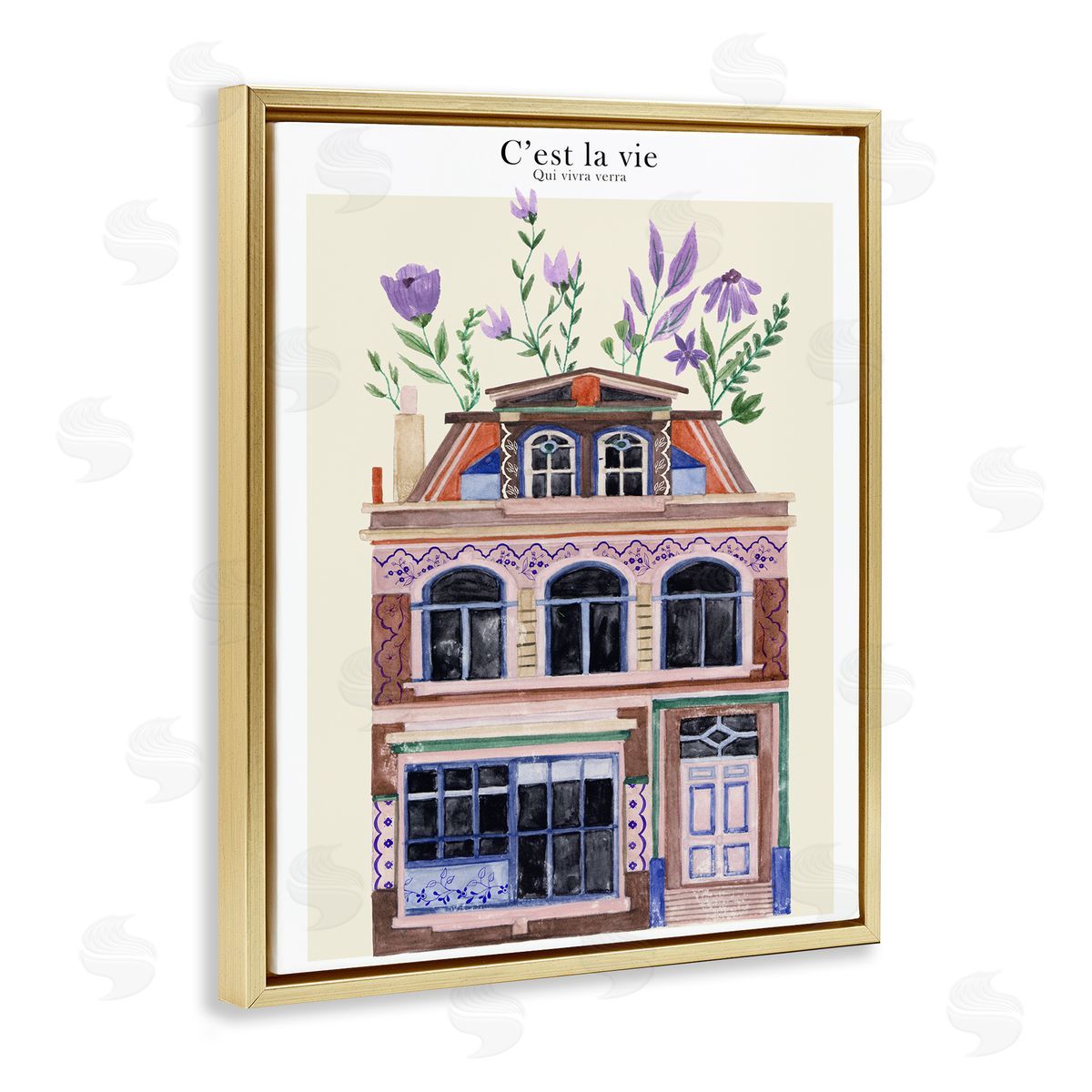 Town Architecture with Blooms Gold Floating Frame Canvas Wall Art, Home Decor by Melissa Wang