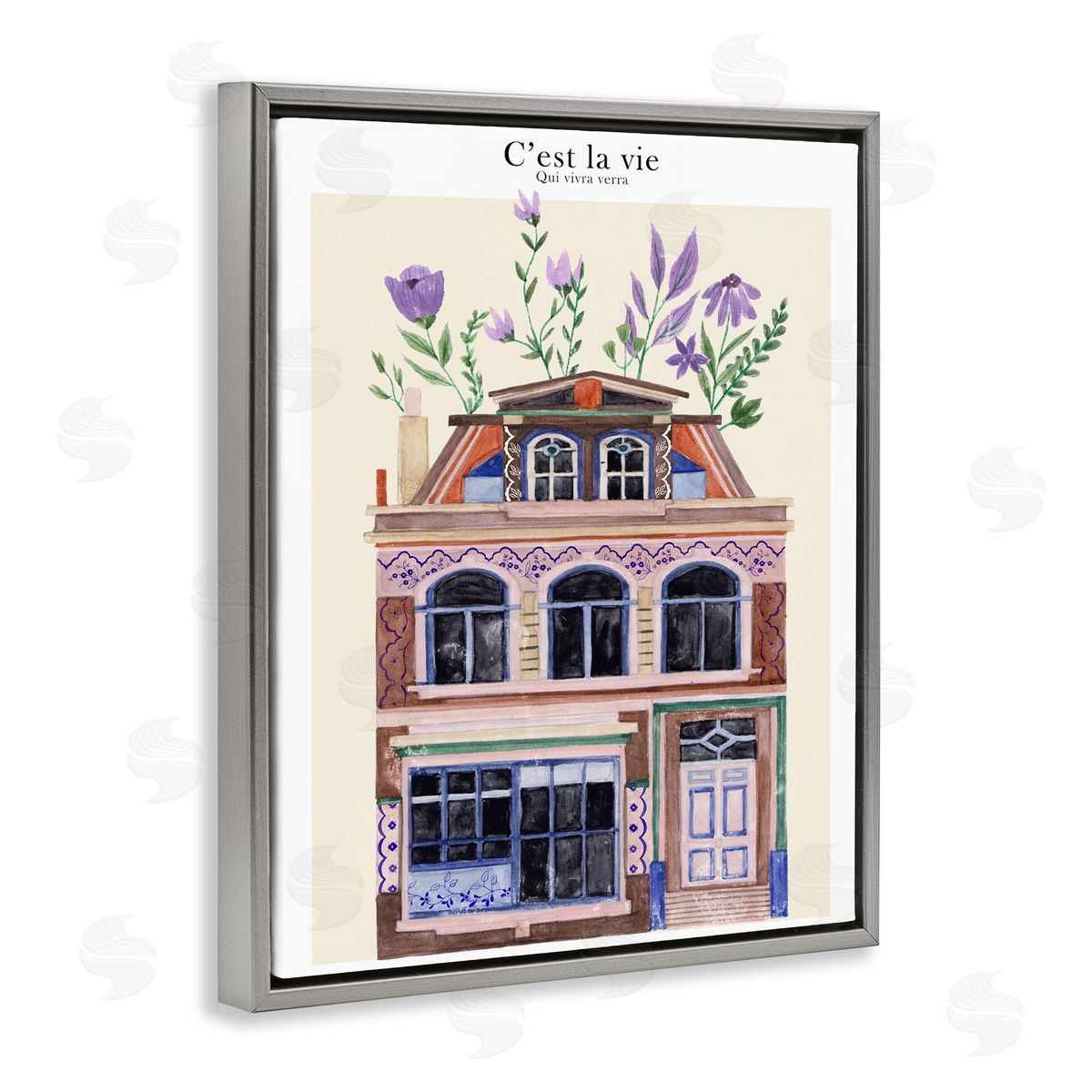 Town Architecture with Blooms Grey Floating Frame Canvas Wall Art, Home Decor by Melissa Wang