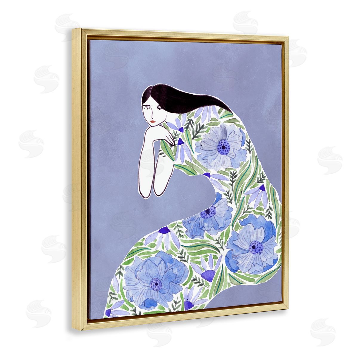 Blue Floral Dress Gold Floating Frame Canvas Wall Art, Home Decor by Melissa Wang