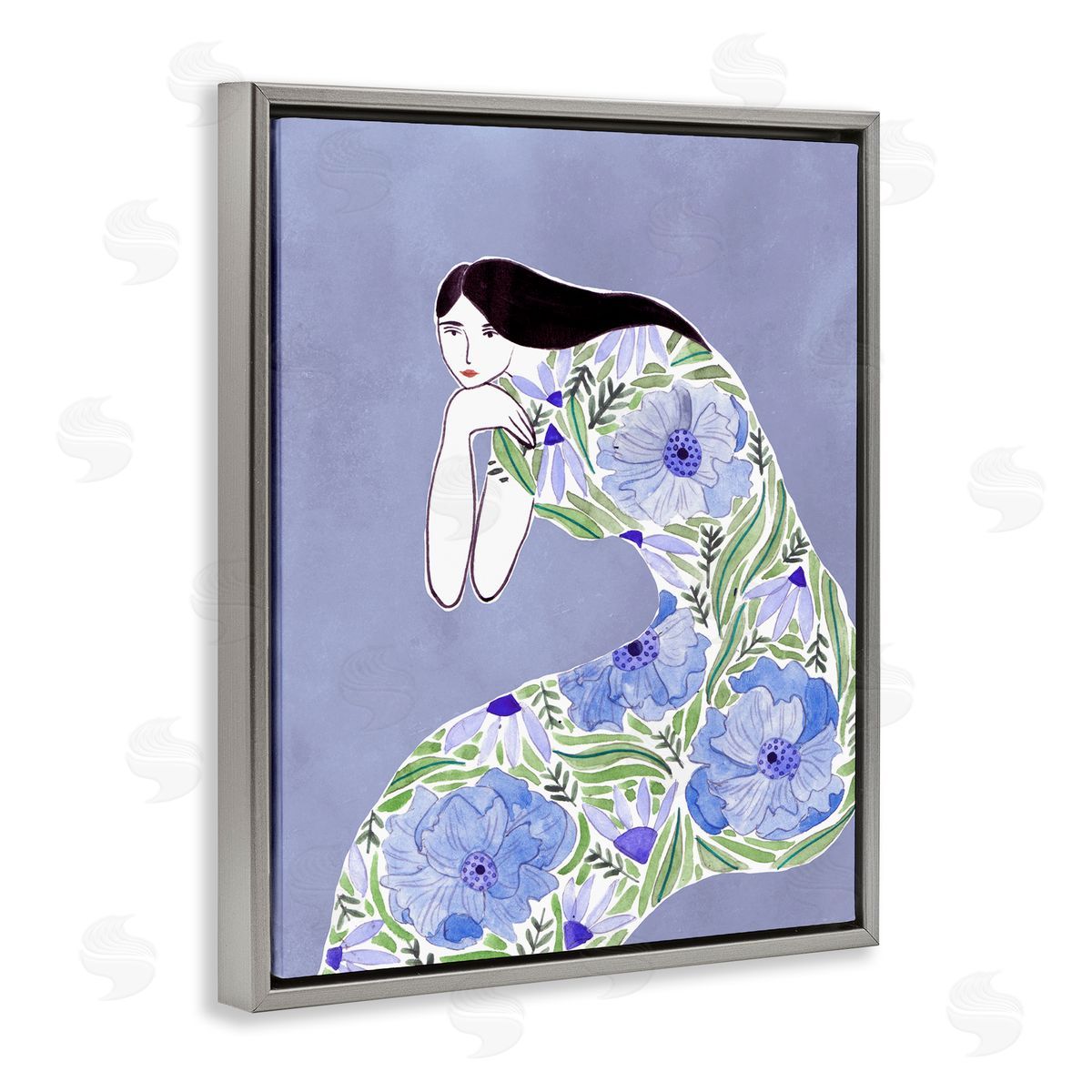 Blue Floral Dress Grey Floating Frame Canvas Wall Art, Home Decor by Melissa Wang
