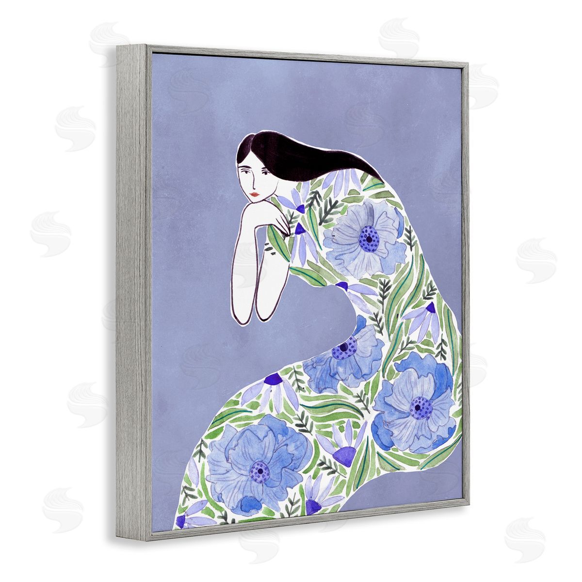 Blue Floral Dress Grey Frame Print Wall Art, Home Decor by Melissa Wang