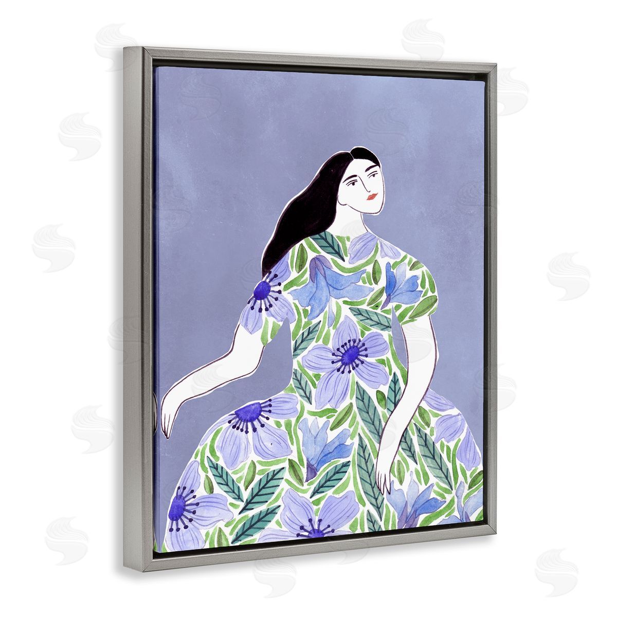 Woman in Blue Floral Gown Grey Floating Frame Canvas Wall Art, Home Decor by Melissa Wang