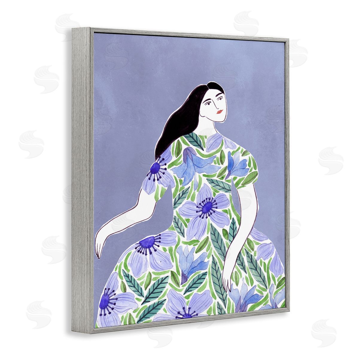 Woman in Blue Floral Gown Grey Frame Print Wall Art, Home Decor by Melissa Wang