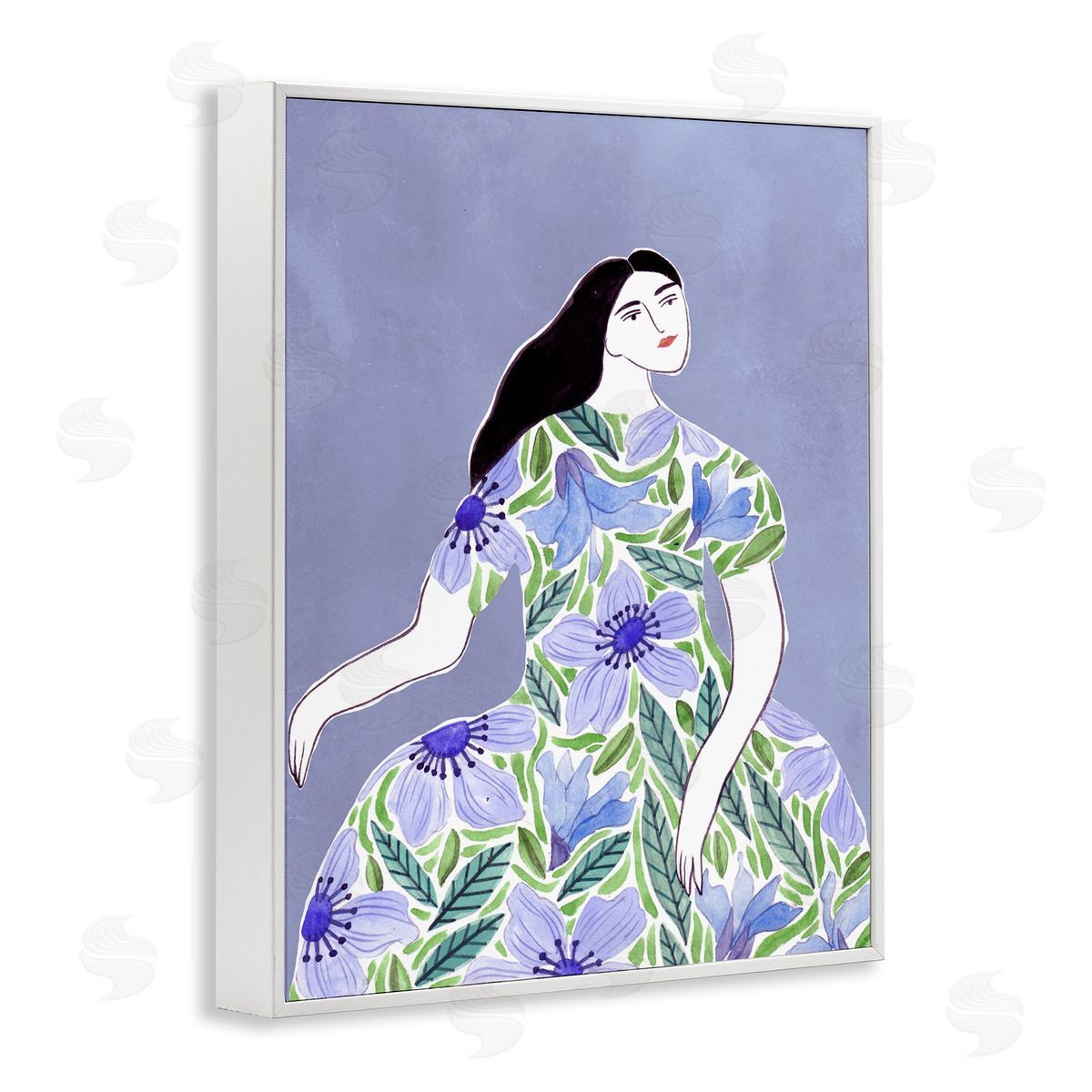 Woman in Blue Floral Gown White Frame Print Wall Art, Home Decor by Melissa Wang