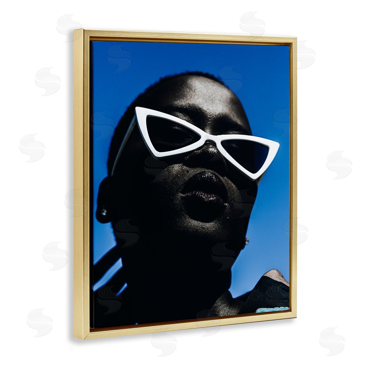 Stylish Sunglasses on Blue Gold Floating Frame Canvas Wall Art, Home Decor by Oladimeji Odunsi