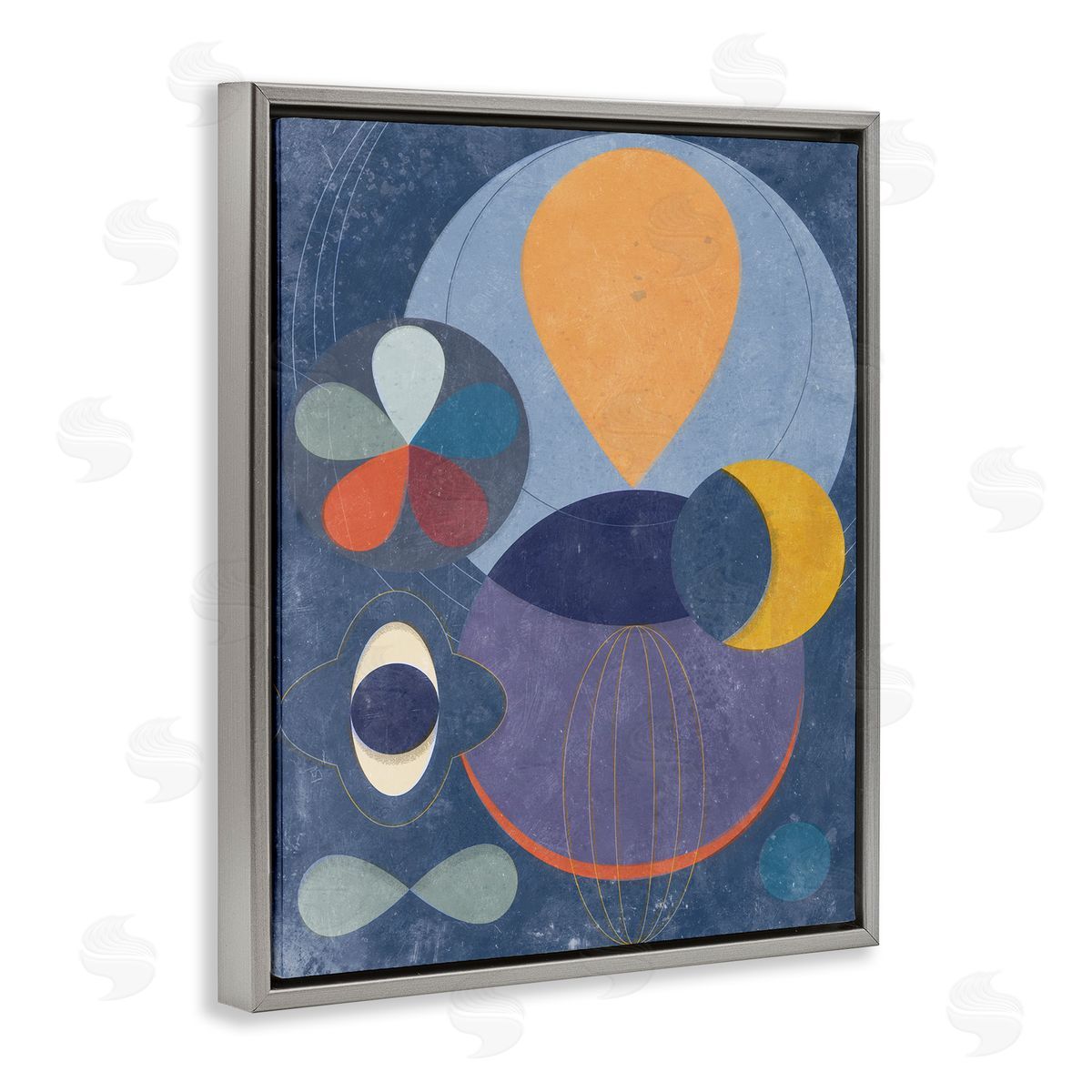 Blue Retro Collage Grey Floating Frame Canvas Wall Art, Home Decor by Victoria Barnes