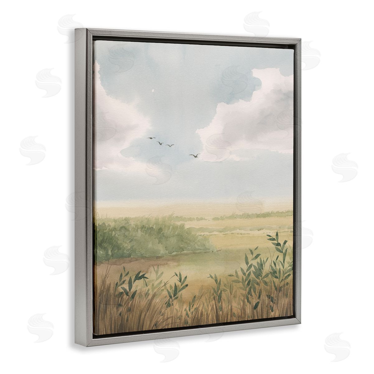 Birds over Grasslands Grey Floating Frame Canvas Wall Art, Home Decor by Grace Popp