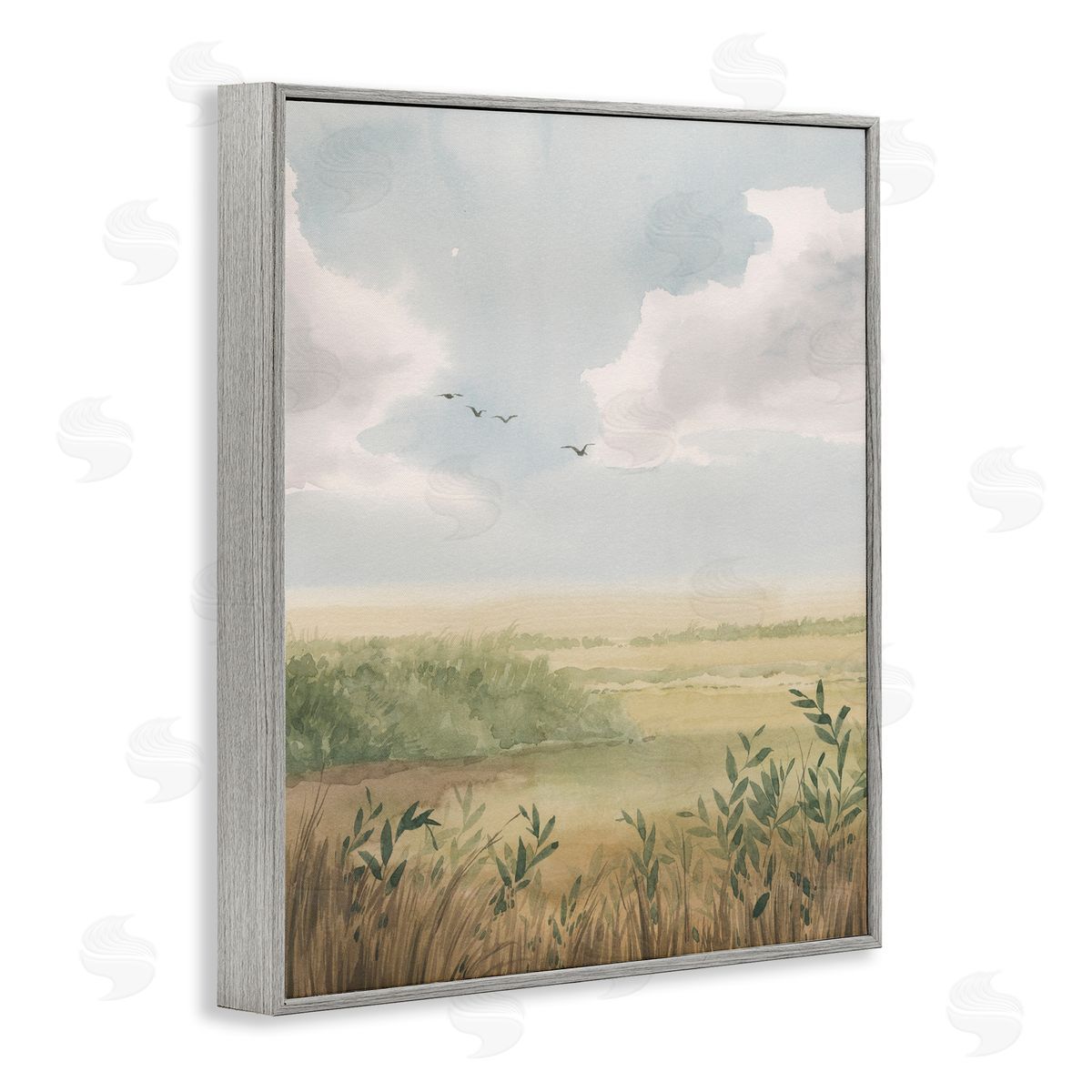 Birds over Grasslands Grey Frame Print Wall Art, Home Decor by Grace Popp