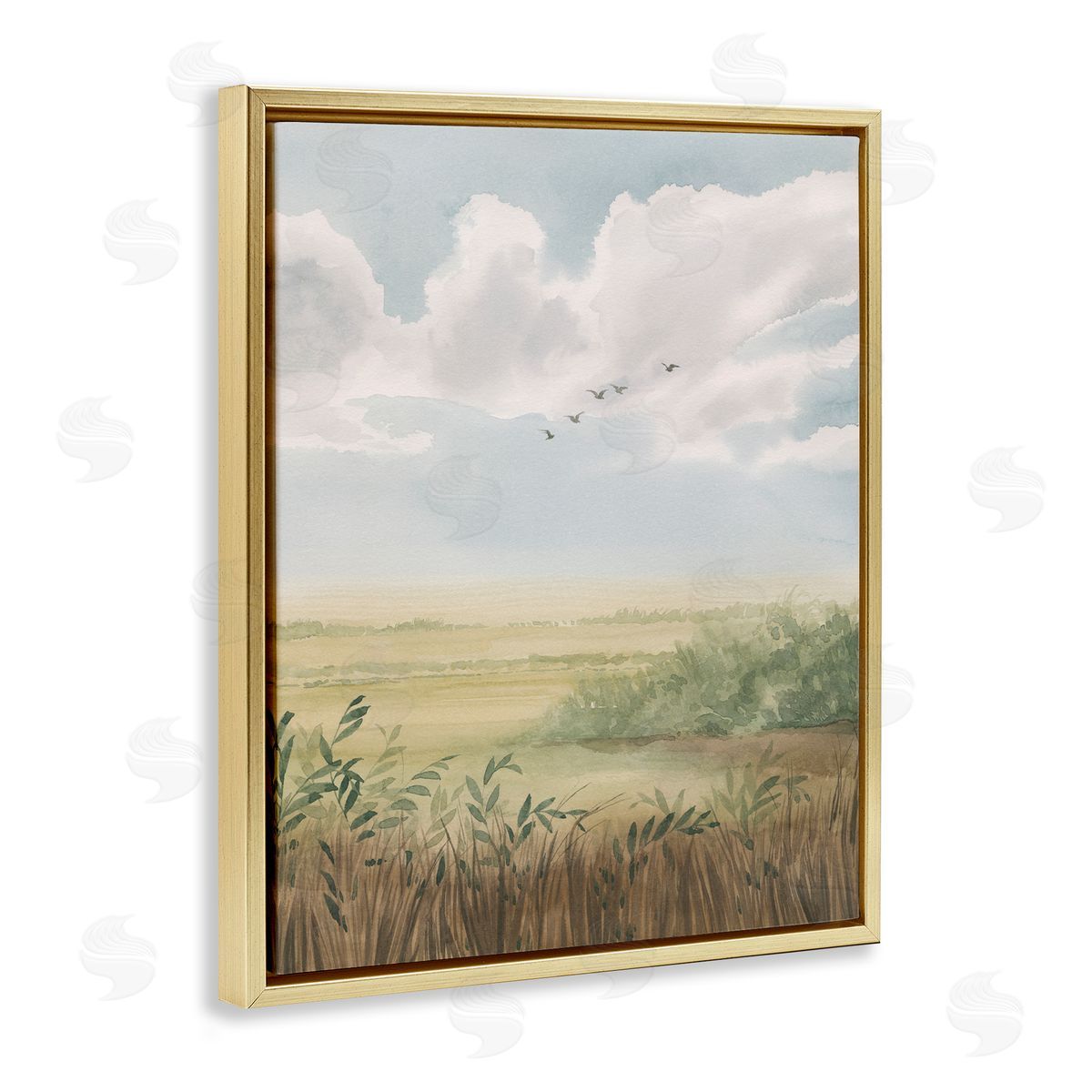 Birds Flying over Countryside Gold Floating Frame Canvas Wall Art, Home Decor by Grace Popp