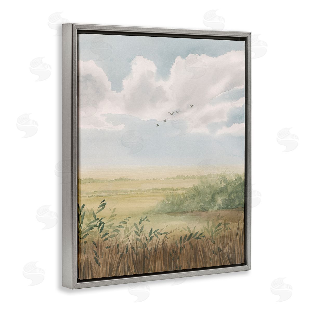 Birds Flying over Countryside Grey Floating Frame Canvas Wall Art, Home Decor by Grace Popp