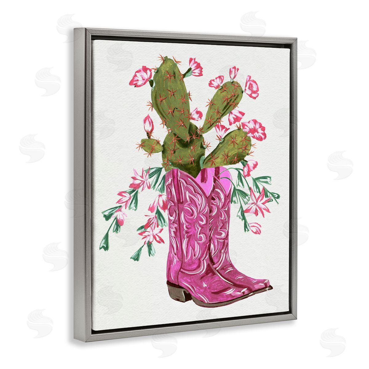 Pink Accent Cactus & Boots Grey Floating Frame Canvas Wall Art, Home Decor by Melissa Wang