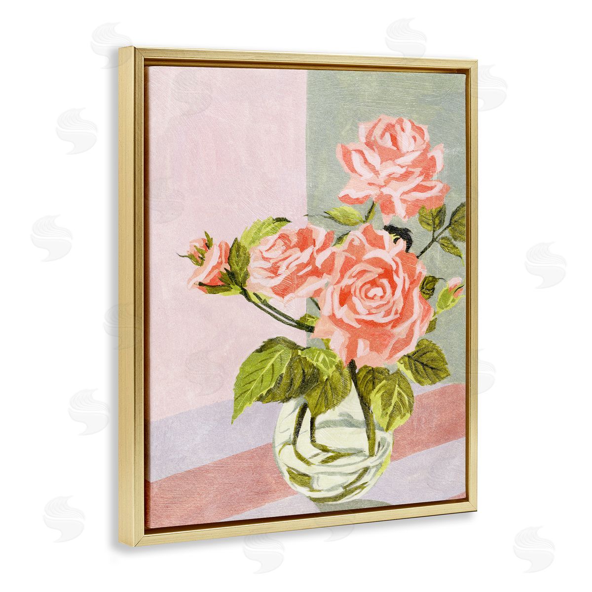 Pink Roses on Pastels Gold Floating Frame Canvas Wall Art, Home Decor by Melissa Wang