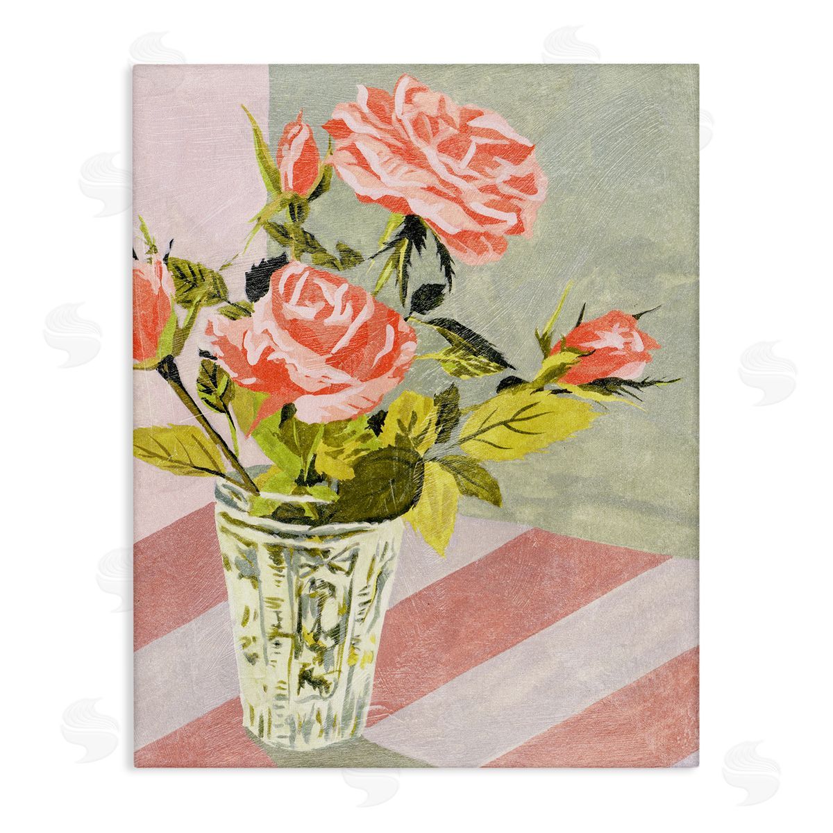 Pink Roses on Stripes Canvas Wall Art, Home Decor by Melissa Wang