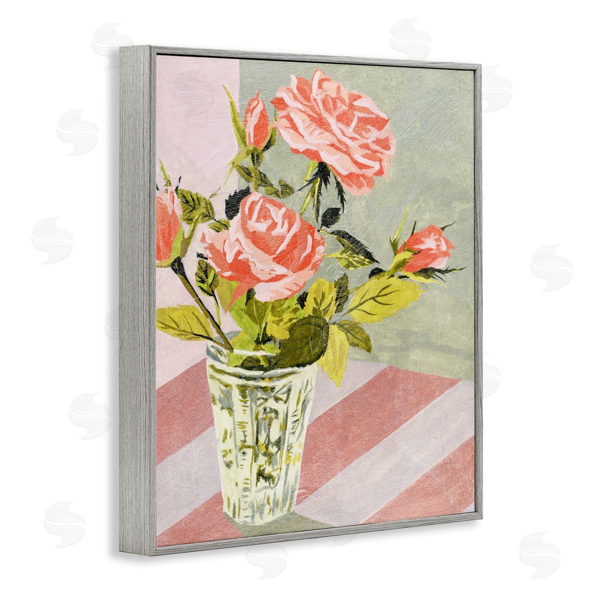 Pink Roses on Stripes Grey Frame Print Wall Art, Home Decor by Melissa Wang