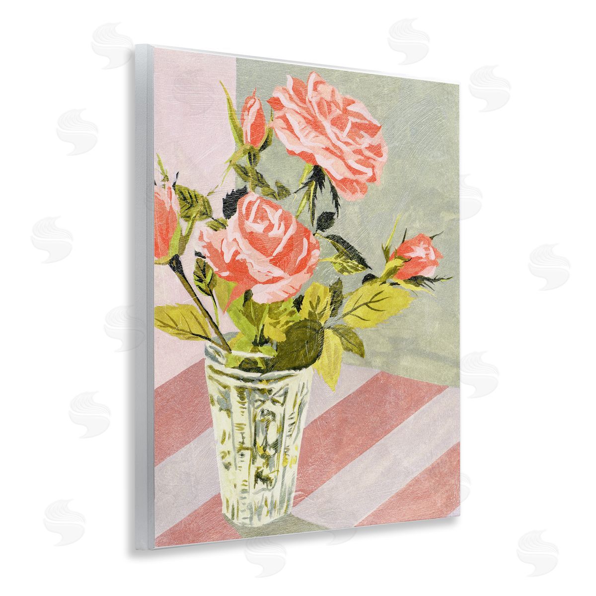 Pink Roses on Stripes Wood Plaque Wall Art, Home Decor by Melissa Wang