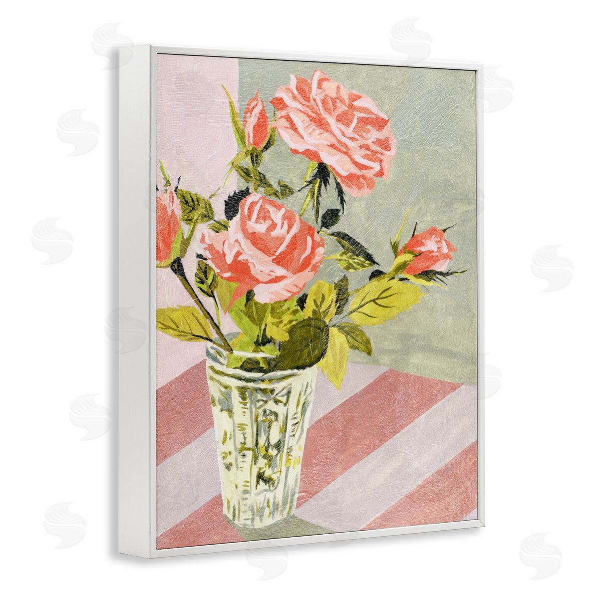Pink Roses on Stripes White Frame Print Wall Art, Home Decor by Melissa Wang