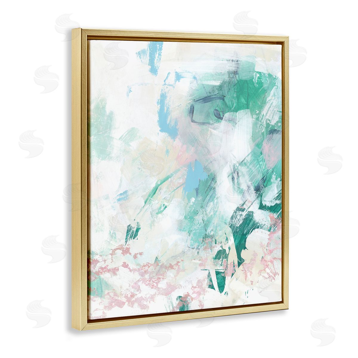 Green Fading Brush Strokes Gold Floating Frame Canvas Wall Art, Home Decor by June Erica Vess