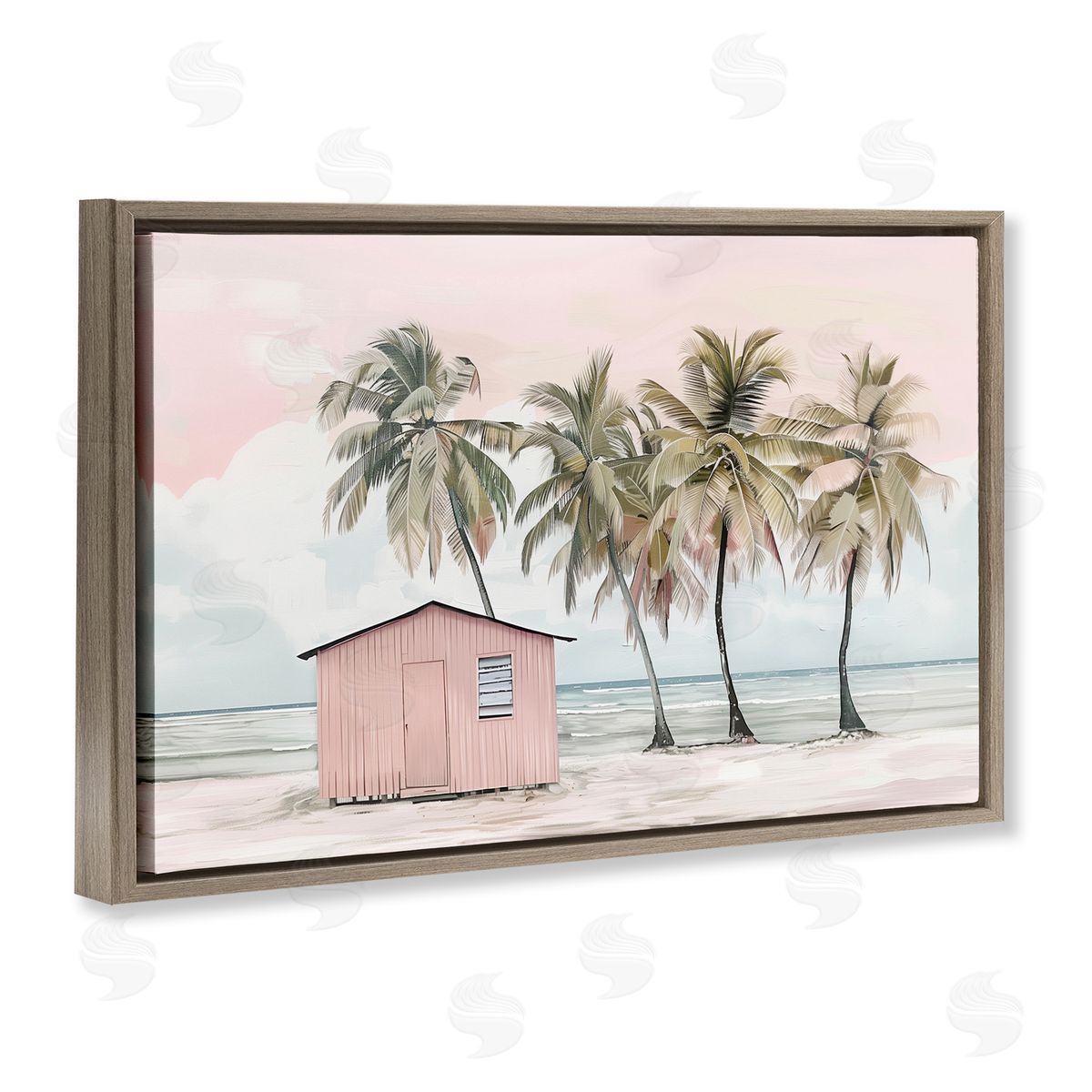 Pink Beach Hut & Palms Brown Floating Frame Canvas Wall Art, Home Decor by Arlington Prints
