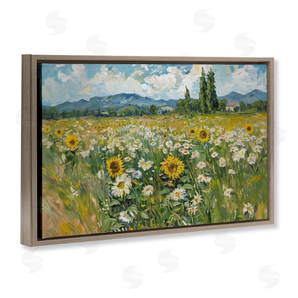 Sunflower & Daisy Meadow Brown Floating Frame Canvas Wall Art, Home Decor by Arlington Prints