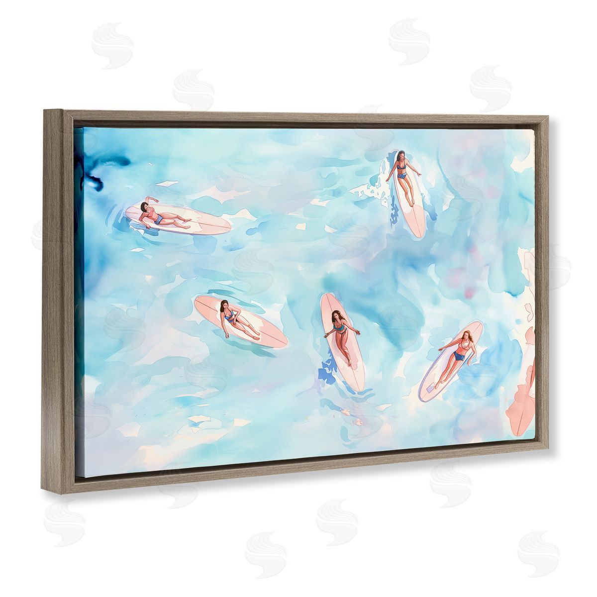 Surfer Girls on Sea Brown Floating Frame Canvas Wall Art, Home Decor by Arlington Prints