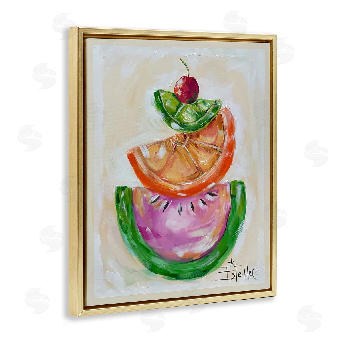 Stacked Fruit Slices Gold Floating Frame Canvas Wall Art, Home Decor by Estelle Grengs