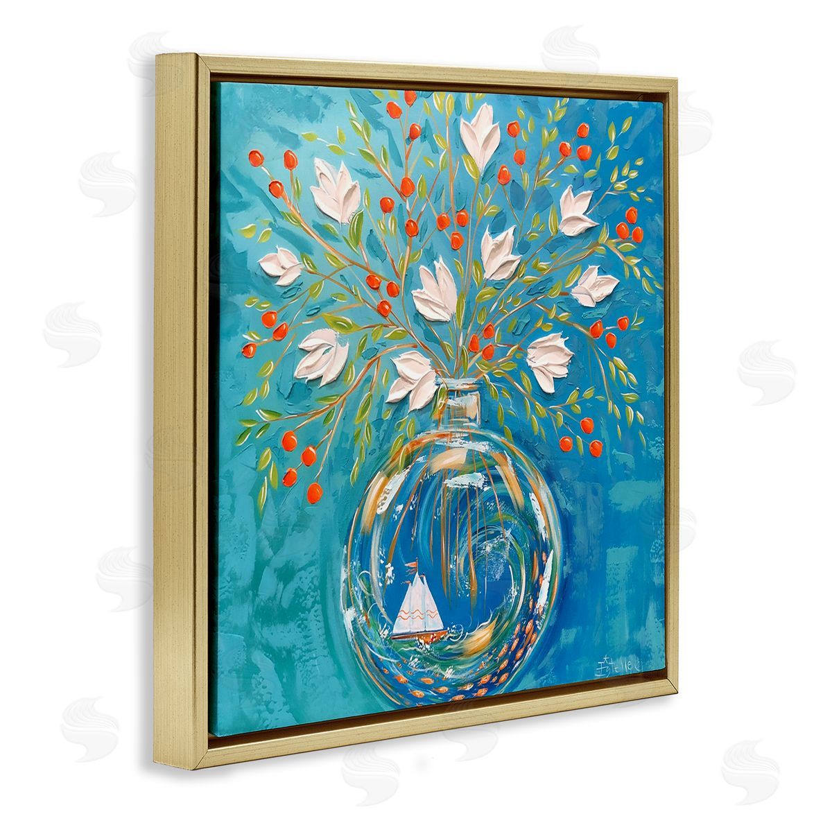 Sailing Ship Flower Vase Gold Floating Frame Canvas Wall Art, Home Decor by Estelle Grengs