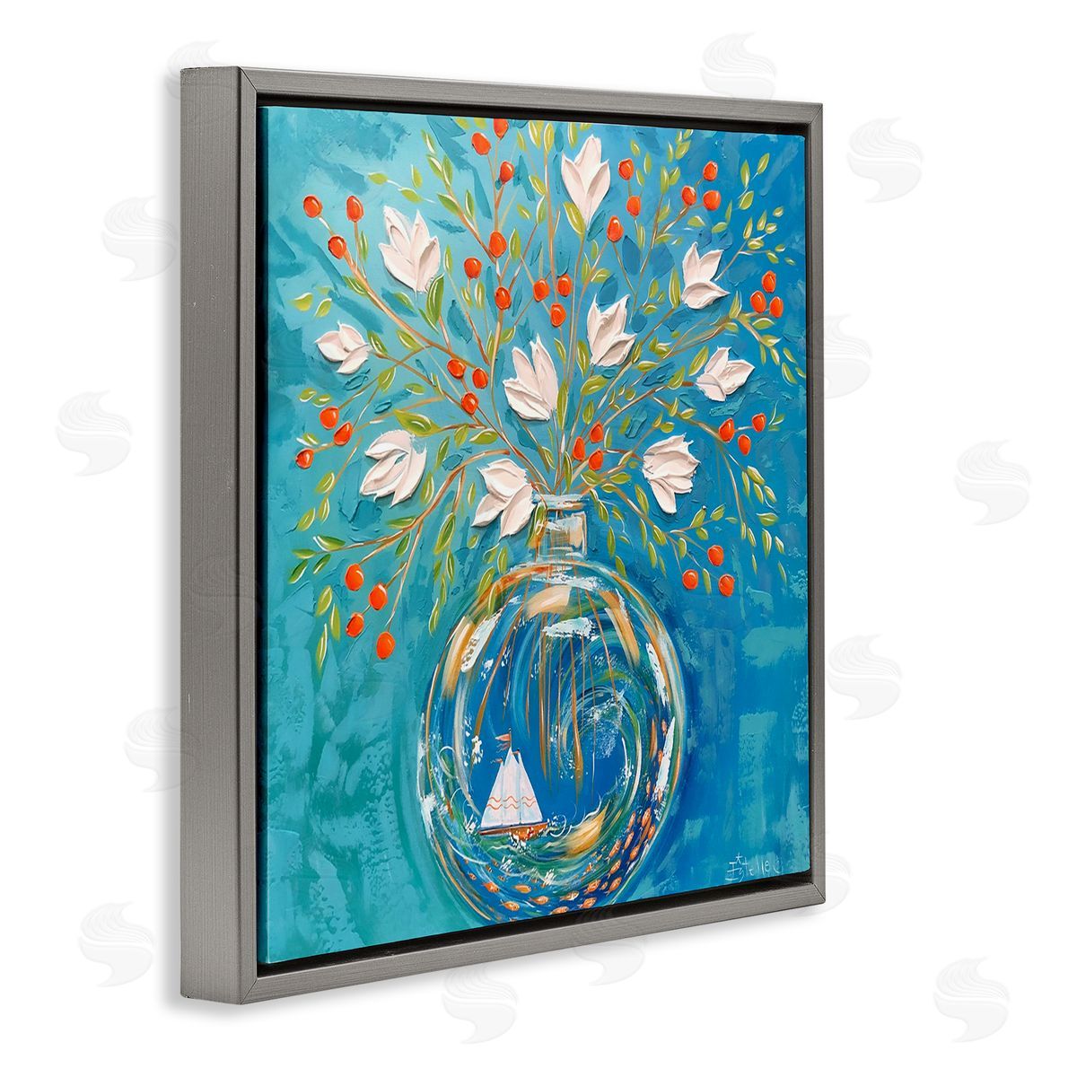 Sailing Ship Flower Vase Grey Floating Frame Canvas Wall Art, Home Decor by Estelle Grengs