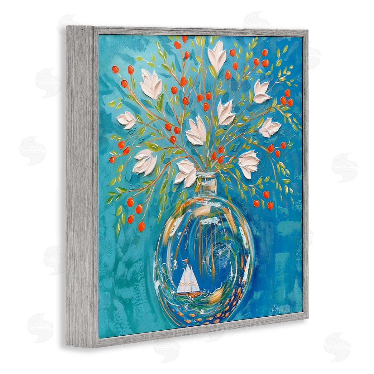 Sailing Ship Flower Vase Grey Frame Print Wall Art, Home Decor by Estelle Grengs