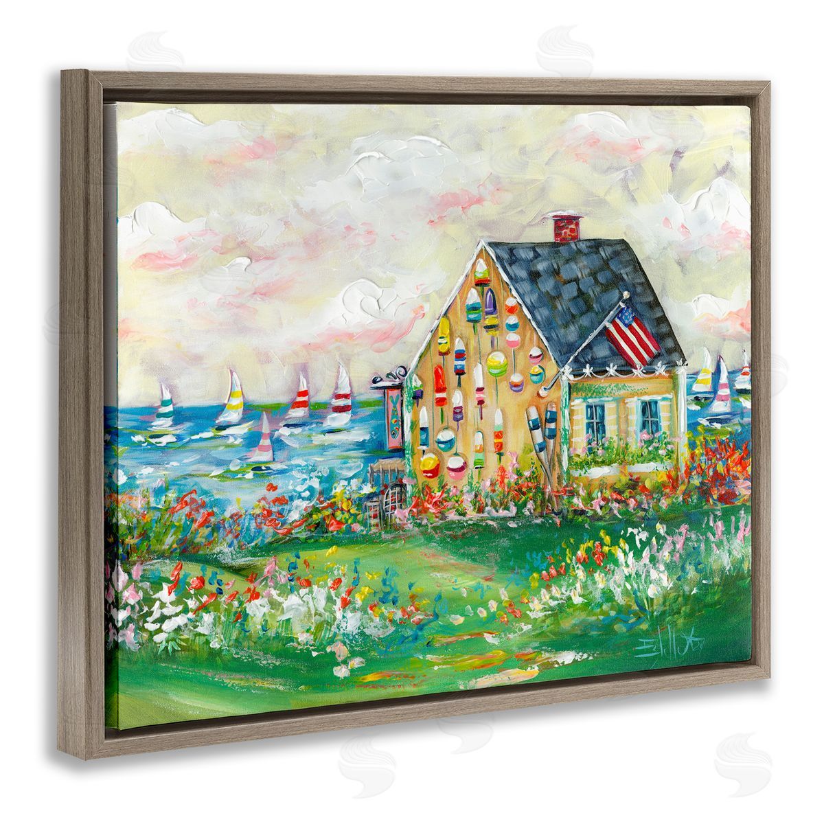 Buoy Covered Boat House Brown Floating Frame Canvas Wall Art, Home Decor by Estelle Grengs