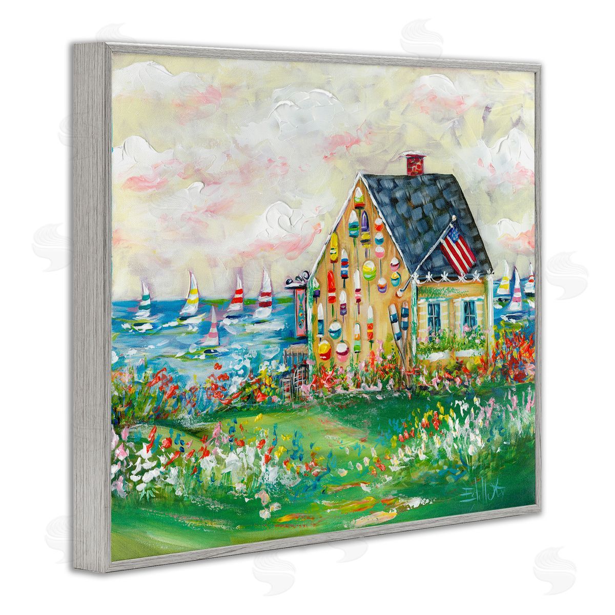 Buoy Covered Boat House Grey Frame Print Wall Art, Home Decor by Estelle Grengs