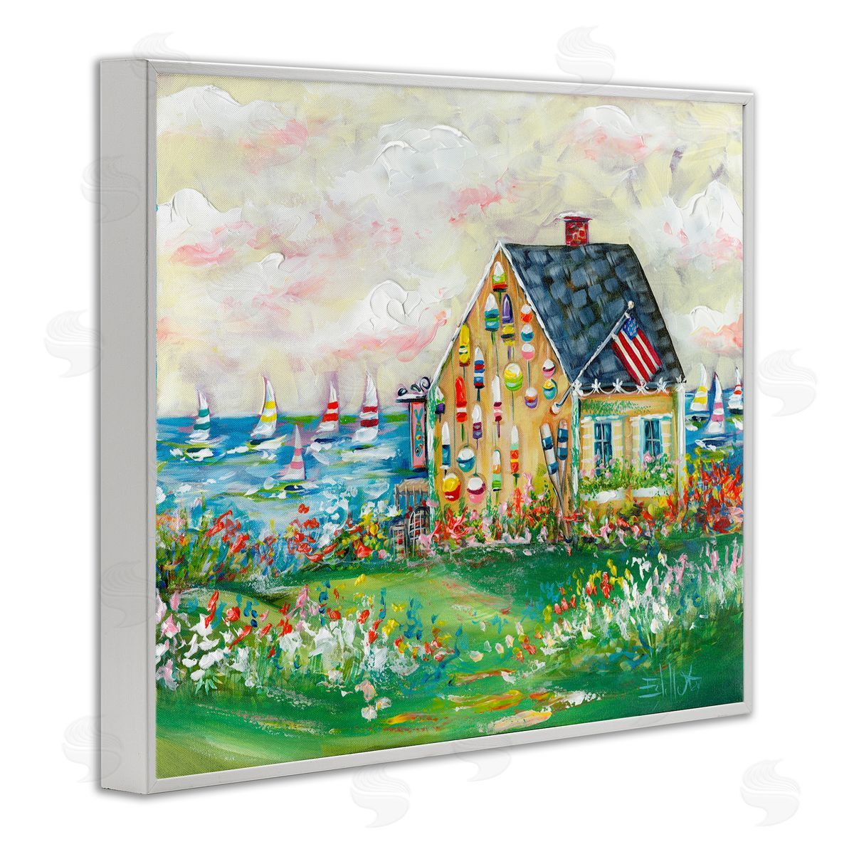 Buoy Covered Boat House White Frame Print Wall Art, Home Decor by Estelle Grengs