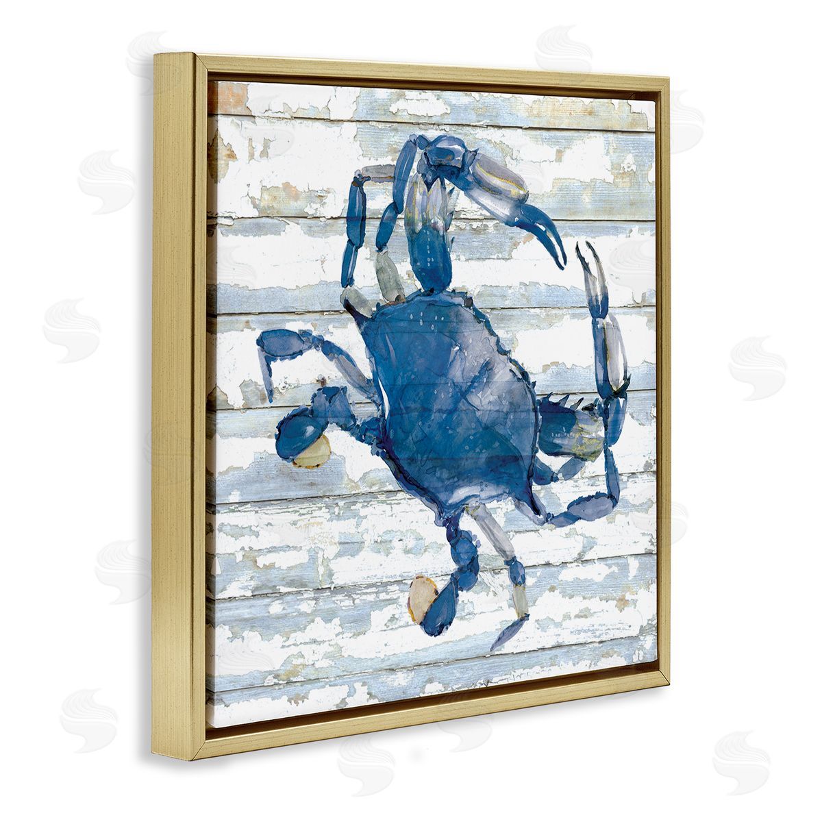 Blue Crab on Distressed Gold Floating Frame Canvas Wall Art, Home Decor by Jessie Perry