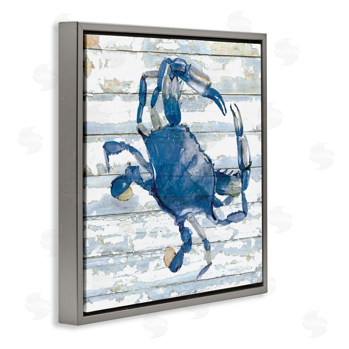 Blue Crab on Distressed Grey Floating Frame Canvas Wall Art, Home Decor by Jessie Perry