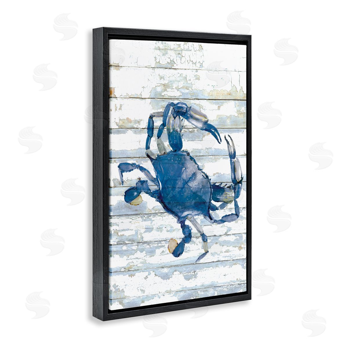Distressed Blue Ocean Crab Black Floating Frame Canvas Wall Art, Home Decor by Jessie Perry