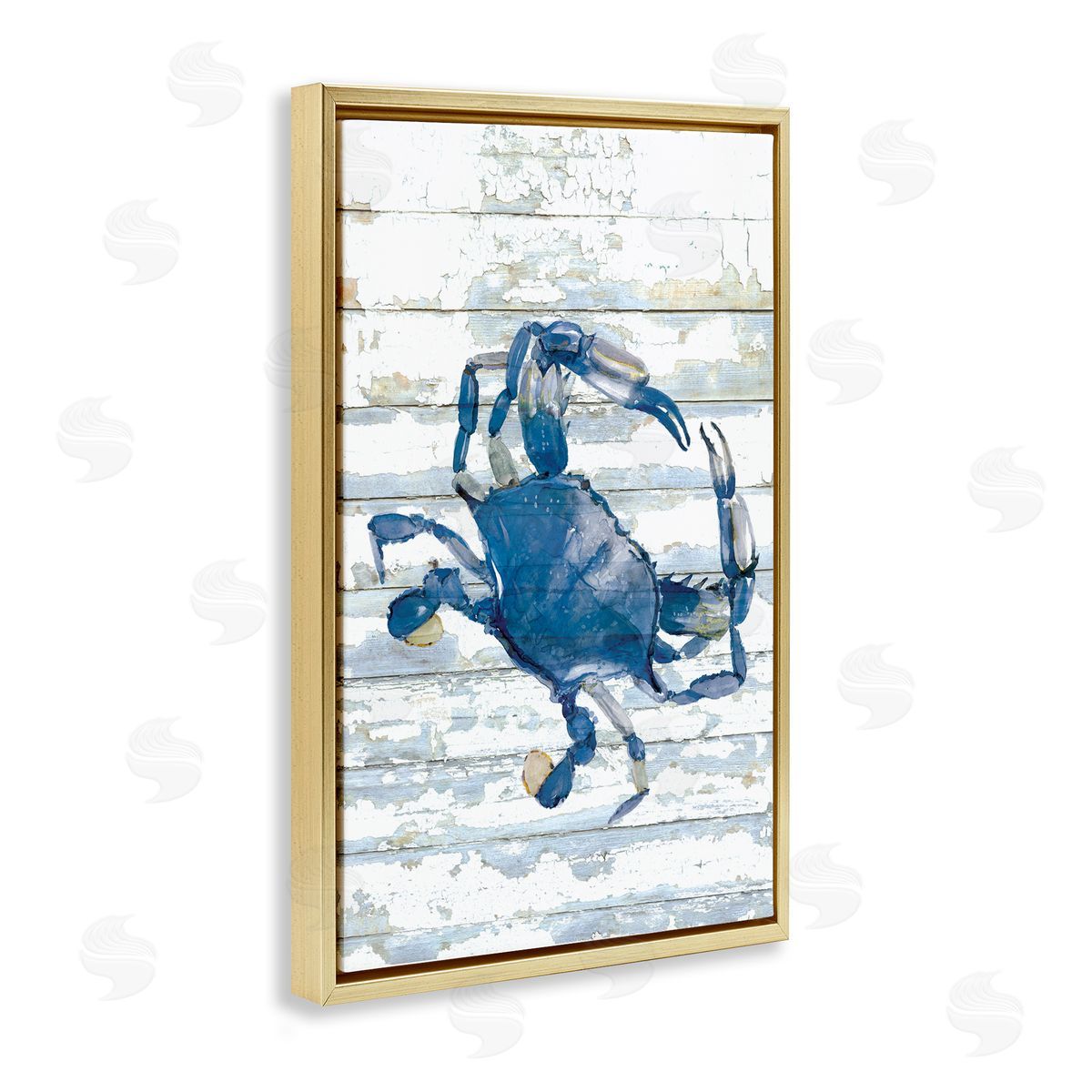 Distressed Blue Ocean Crab Gold Floating Frame Canvas Wall Art, Home Decor by Jessie Perry