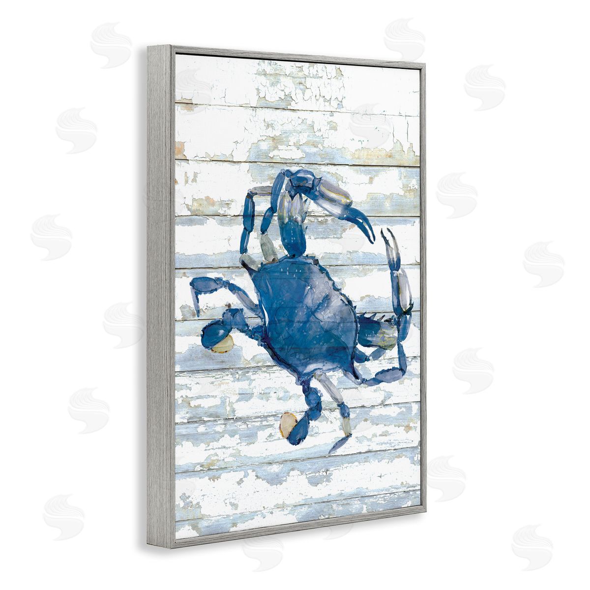 Distressed Blue Ocean Crab Grey Frame Print Wall Art, Home Decor by Jessie Perry