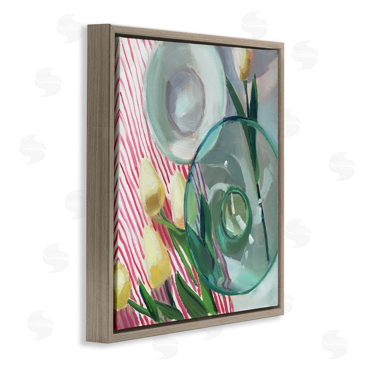 Glasses & Tulips Still Life Brown Floating Frame Canvas Wall Art, Home Decor by Jenny Westenhofer