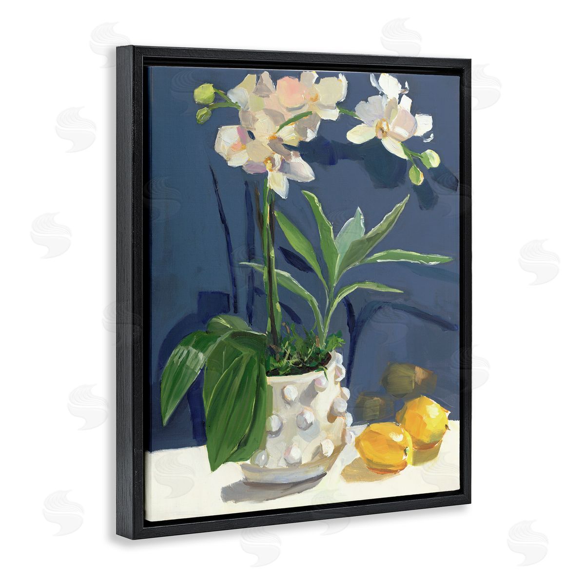 White Orchids & Lemons Black Floating Frame Canvas Wall Art, Home Decor by Jenny Westenhofer