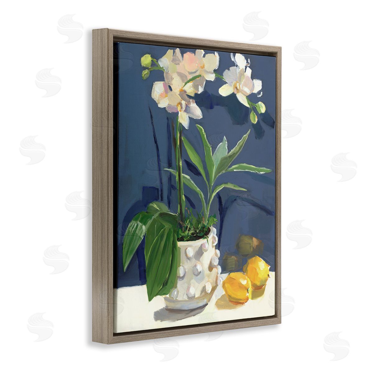 White Orchids & Lemons Brown Floating Frame Canvas Wall Art, Home Decor by Jenny Westenhofer