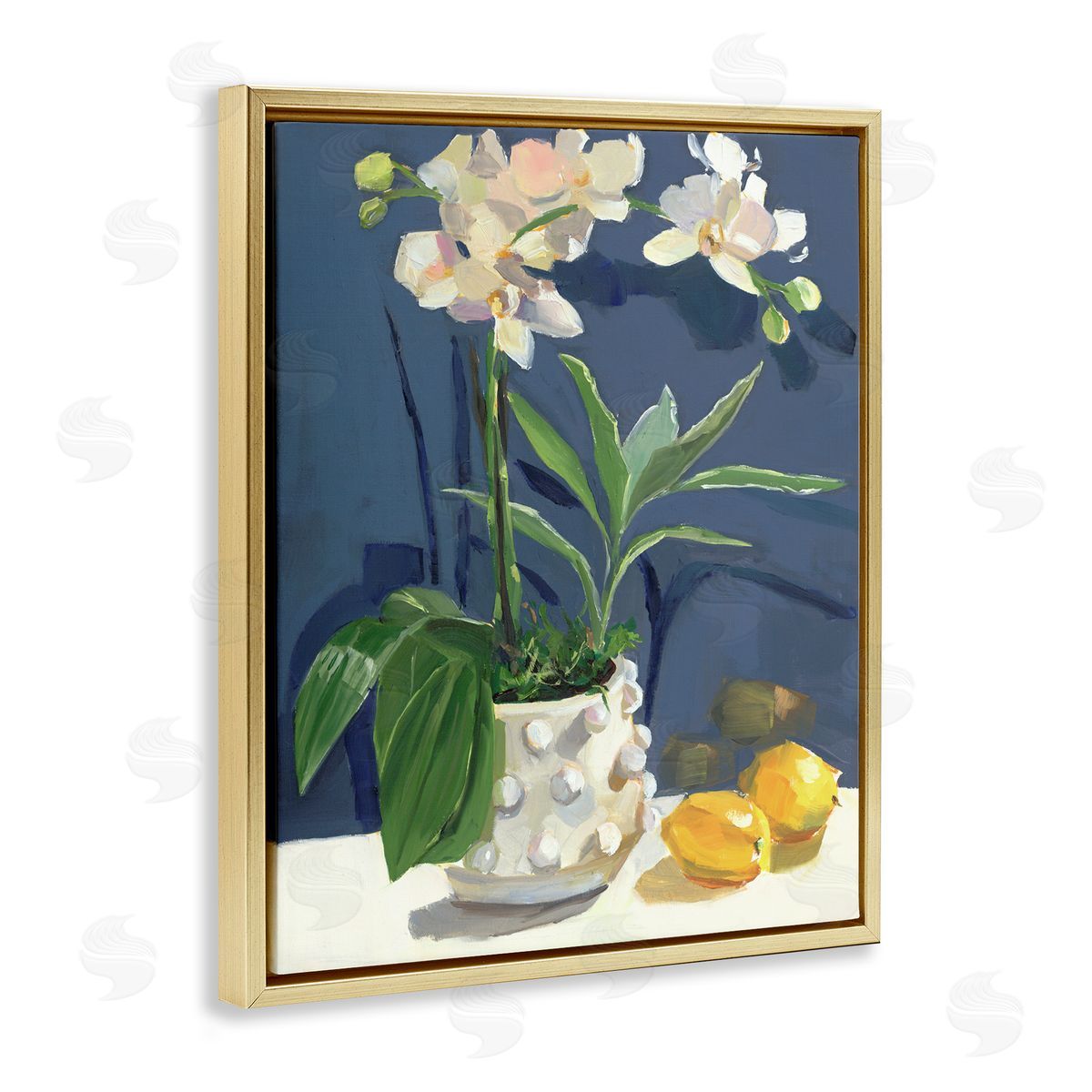 White Orchids & Lemons Gold Floating Frame Canvas Wall Art, Home Decor by Jenny Westenhofer