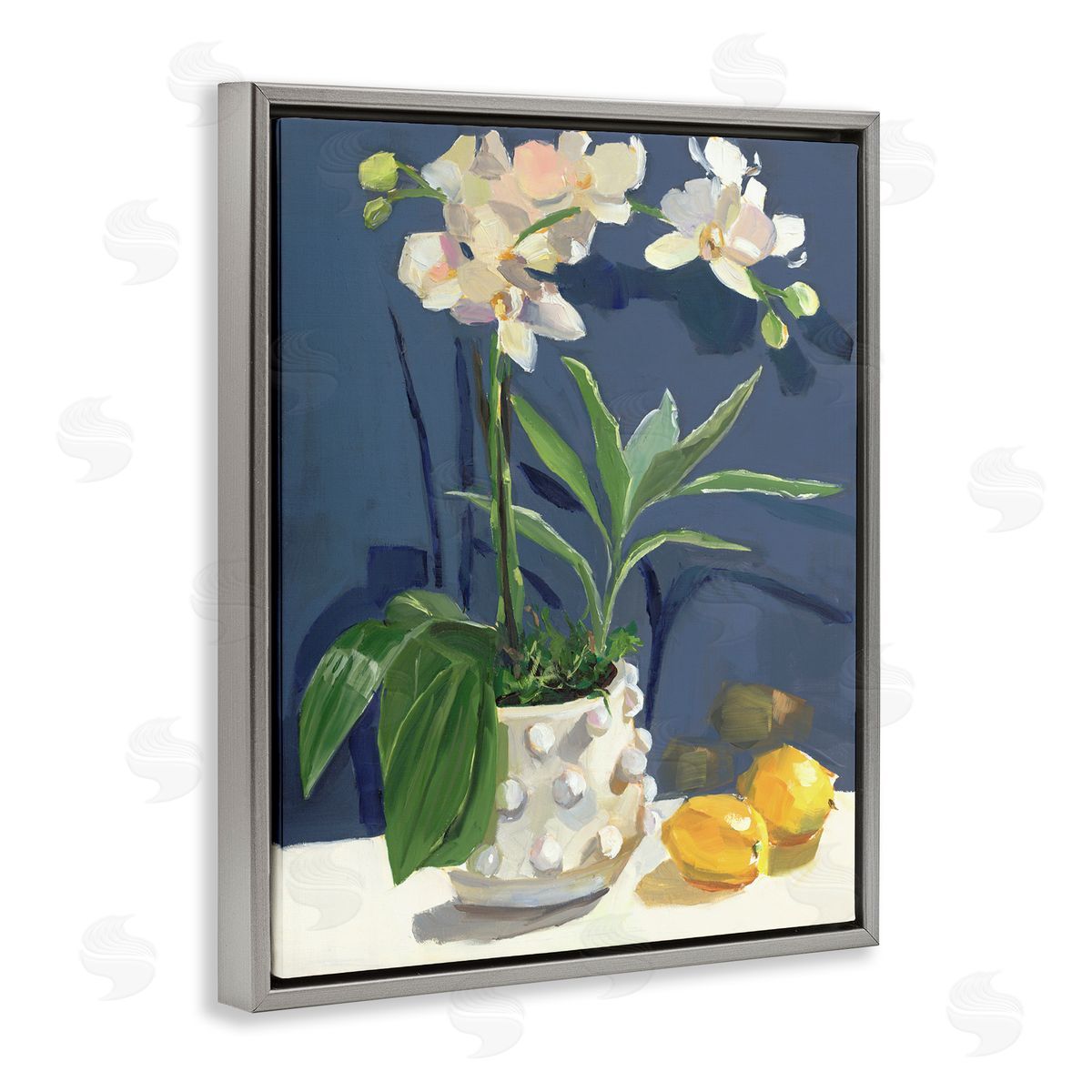 White Orchids & Lemons Grey Floating Frame Canvas Wall Art, Home Decor by Jenny Westenhofer
