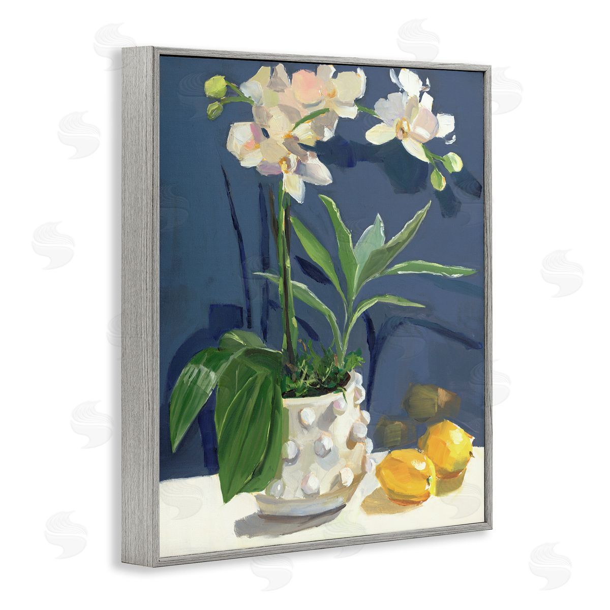 White Orchids & Lemons Grey Frame Print Wall Art, Home Decor by Jenny Westenhofer
