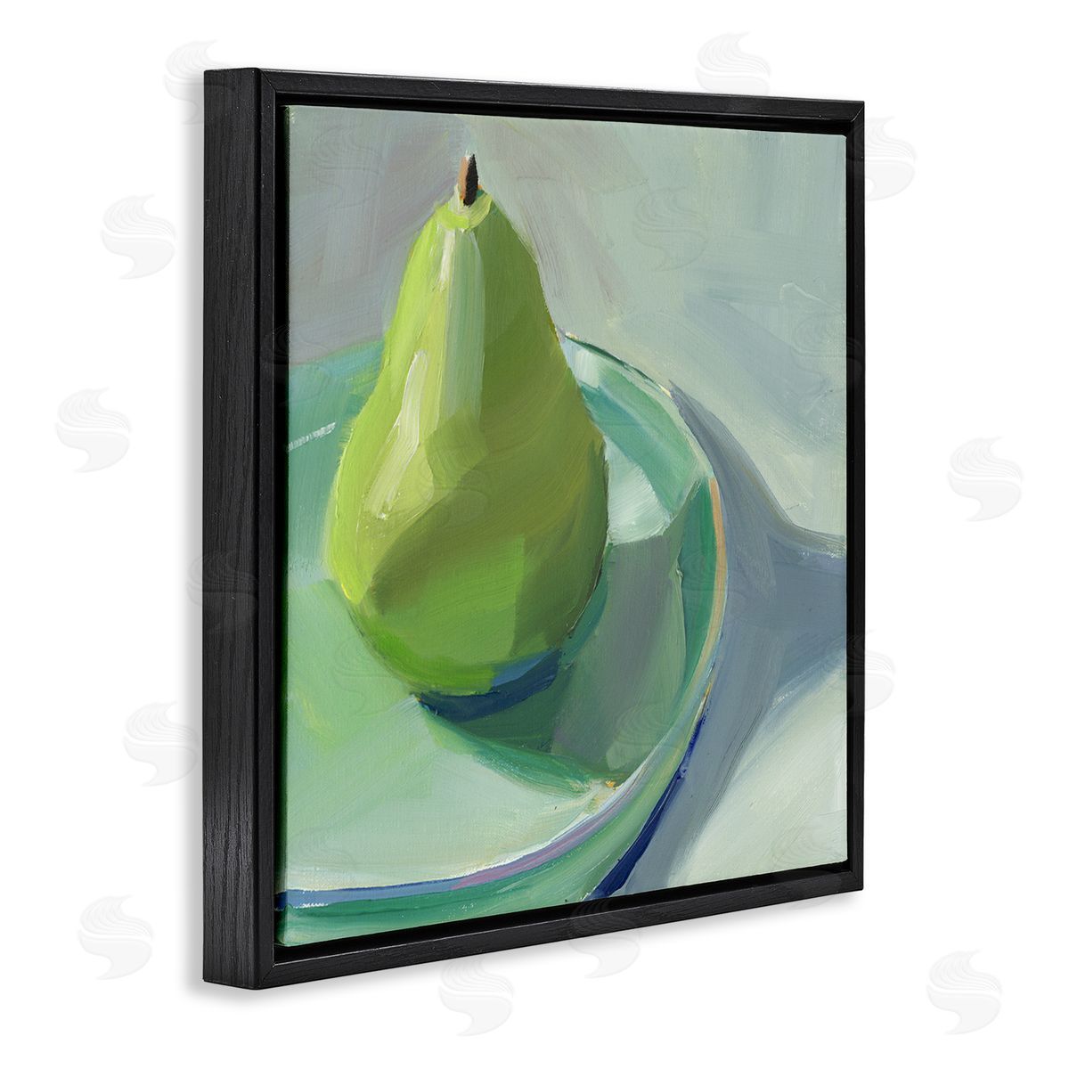 Pear On Dish Still Life Black Floating Frame Canvas Wall Art, Home Decor by Jenny Westenhofer