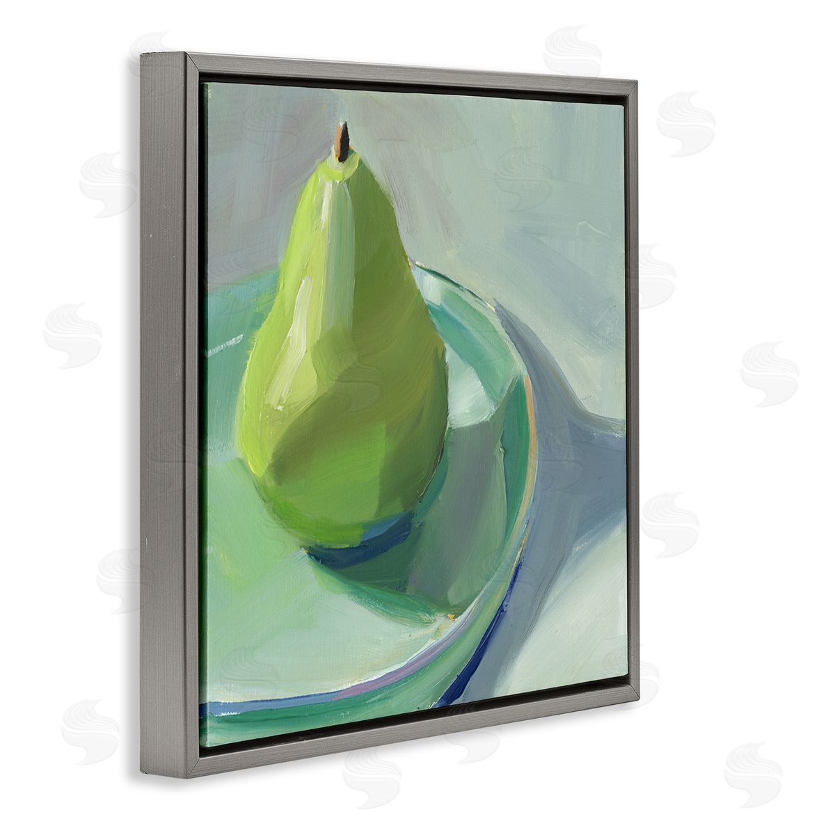 Pear On Dish Still Life Grey Floating Frame Canvas Wall Art, Home Decor by Jenny Westenhofer